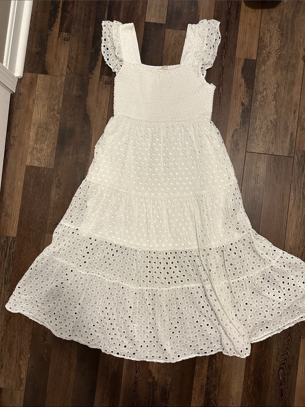 JODIFL White Eyelet Tiered Midi Dress with Smocked Bodice